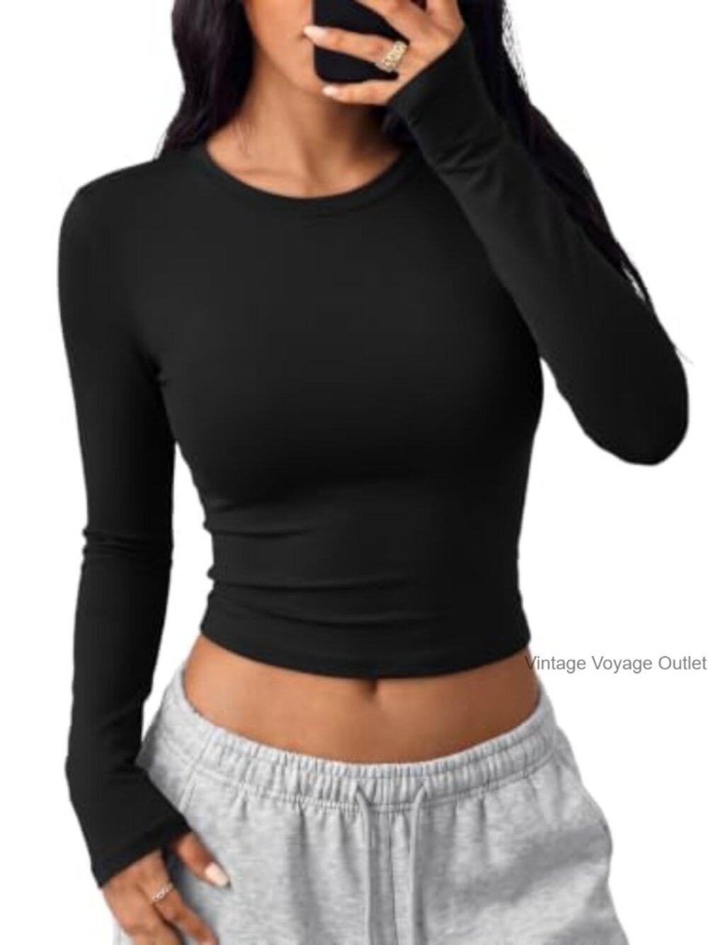 Women Long Sleeve Crop Top Slim Fit Stretch Tee Y2K Basic Shirt